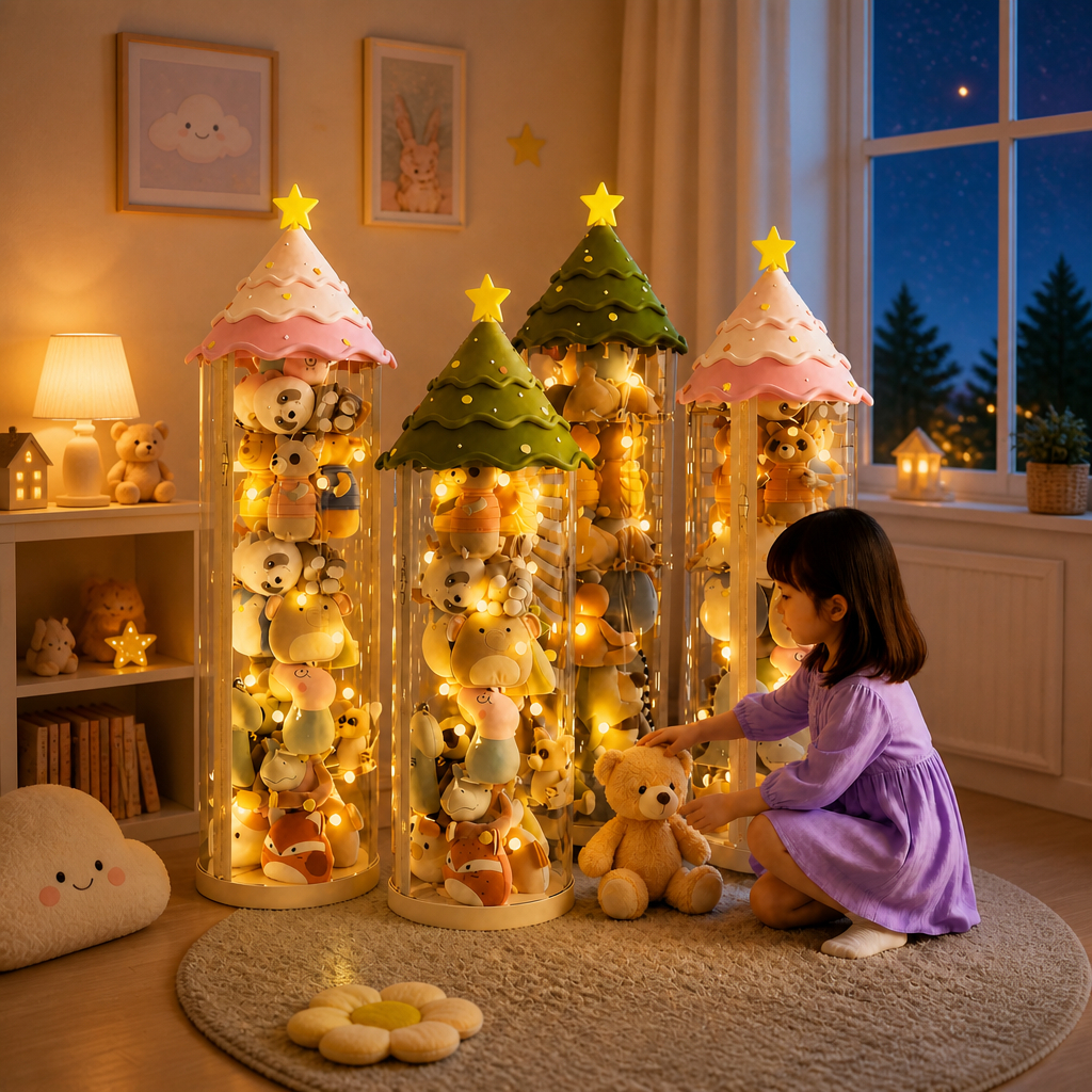 【แถมสายไฟ LED และล้อ】โปร่งใสหลอดเก็บตุ๊กตาแบบมีซิป ถังเก็บขอ