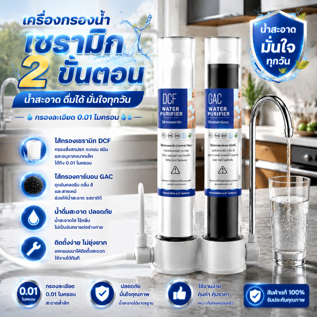 เครื่องกรองน้ำคุณภาพสูง ระบบกรองคู่เซรามิกและถ่านกัมมันต์ ช่วยกำจัดแบคทีเรียและสิ่งสกปรกได้อย่างล้ำลึก