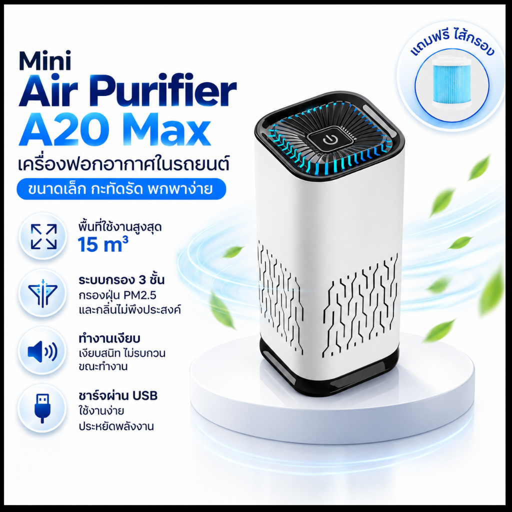 เครื่องฟอกอากาศในรถยนต์ car air purifier HEPA13 กรองฝุ่น PM2.5 แบคทีเรีย ไร้เสียงรบกวน
