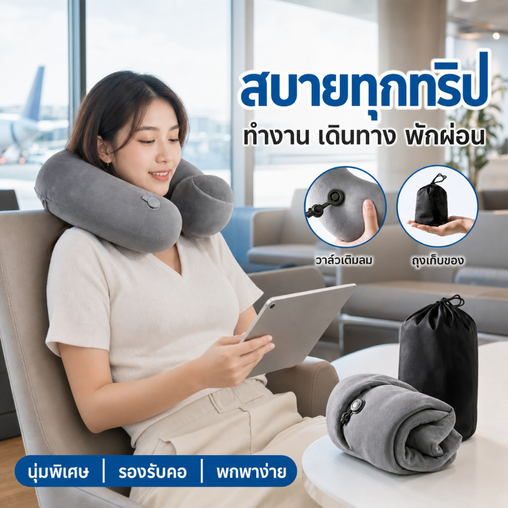 หมอนรองคอรูปตัว U แบบเป่าลม นุ่มสบาย เติมลมง่าย พกพาไม่เปลืองที่ เหมาะใช้เดินทาง ท่องเที่ยว นั่งรถยนต์ นั่งเครื่องบิน