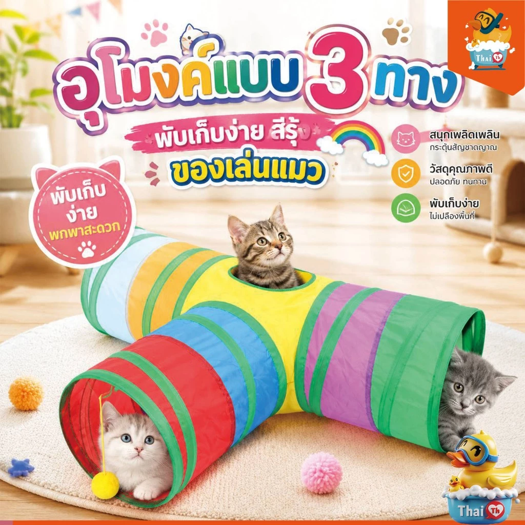 Thai.th อุโมงค์แมว แบบ 3 ทาง อุโมงค์แมวพับเก็บได้ ของเล่นแมว CS-77T