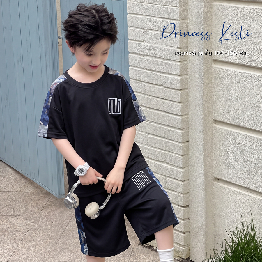 PRINCESS KESLI 2-12 ปี ชุดเซ็ทเด็กชายแฟชั่น ชุดเสื้อยืดกางเกงขาสั้น ลําลอง 2 ชิ้น สไตล์เกาหลี านุ่มใสสบายฯ