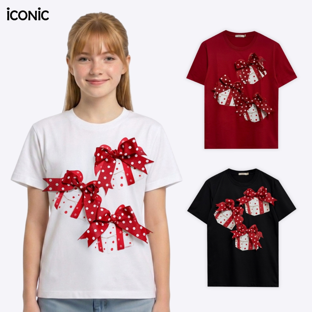 iCONiC POLKA GIFT T-SHIRT #20535 เสื้อยืด พิมพ์ลาย กล่องของขวัญ โบว์แดง ลายจุด christmas