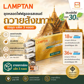 (ยกกล่องแพ็ค3หลอด)LAMPTAN ชุดหลอดไฟฟลูออเรสเซนต์ถวายสังฆทานจัดชุด แพ็ค3หลอด ขนาด 18w และ 36w แสงขาว
