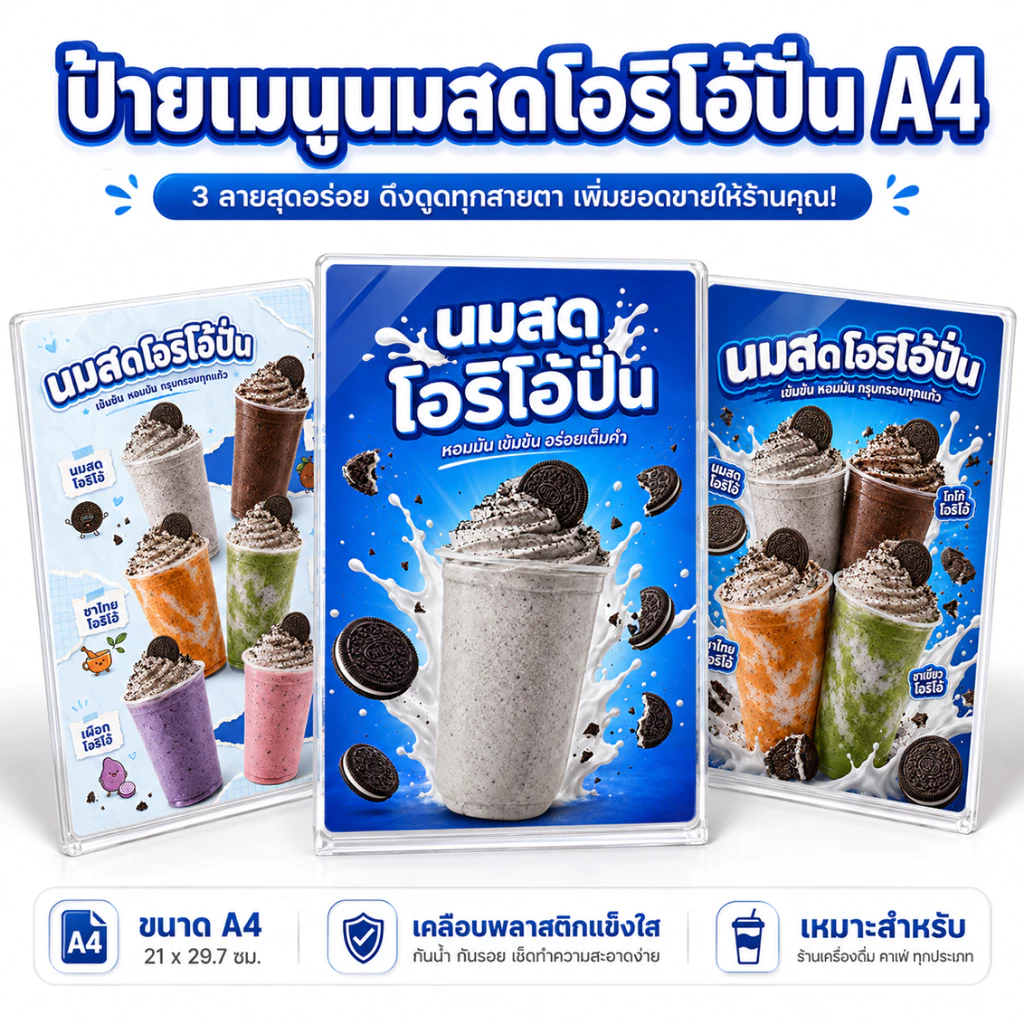 ป้ายนมสดโอริโอ้ปั่น A4 เคลือบแข็งใส ป้ายเมนูสำเร็จรูป