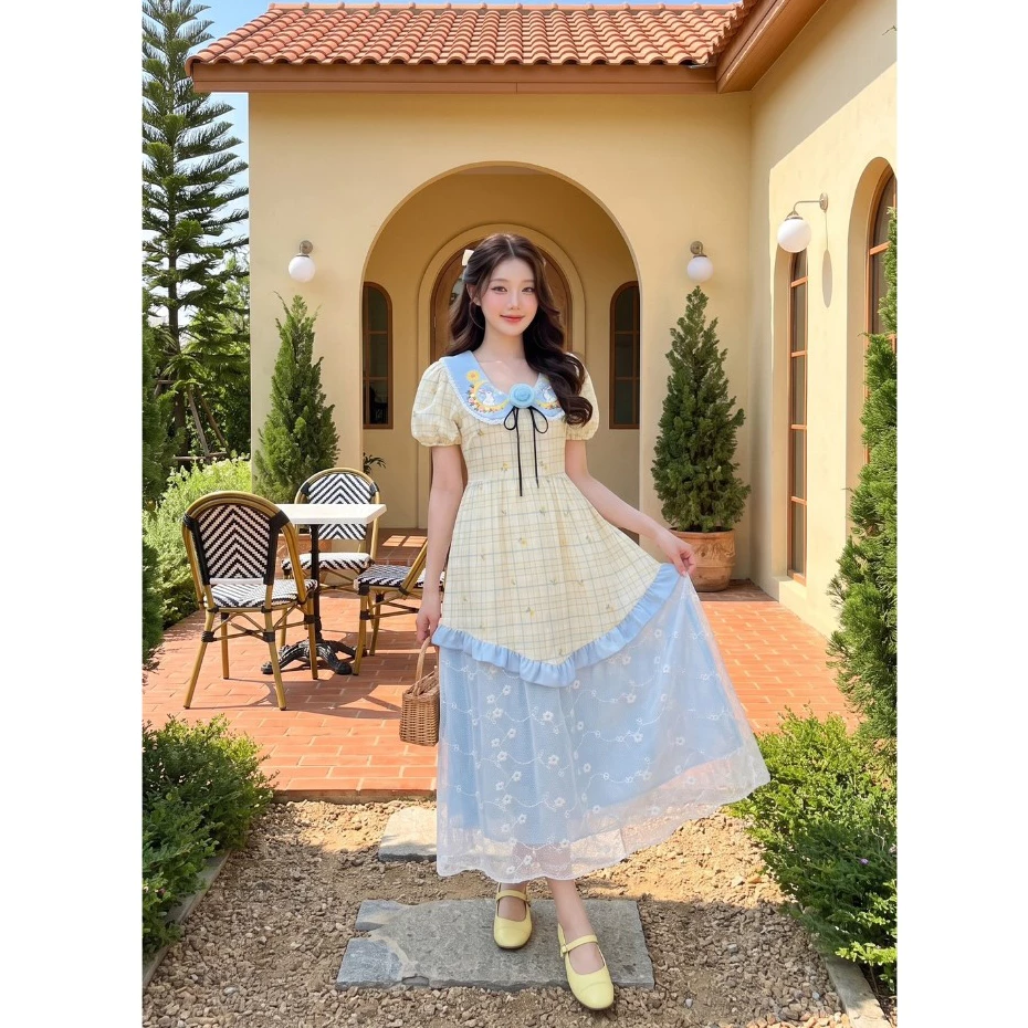 (มี3XL) Sun Shine Dress เดรสยาวผ้าคอตตอนตัดต่อผ้าลูกไม้ ปกคอบัวงานปักแต่งโบว์หน้า ซิปหลัง มีซับใน