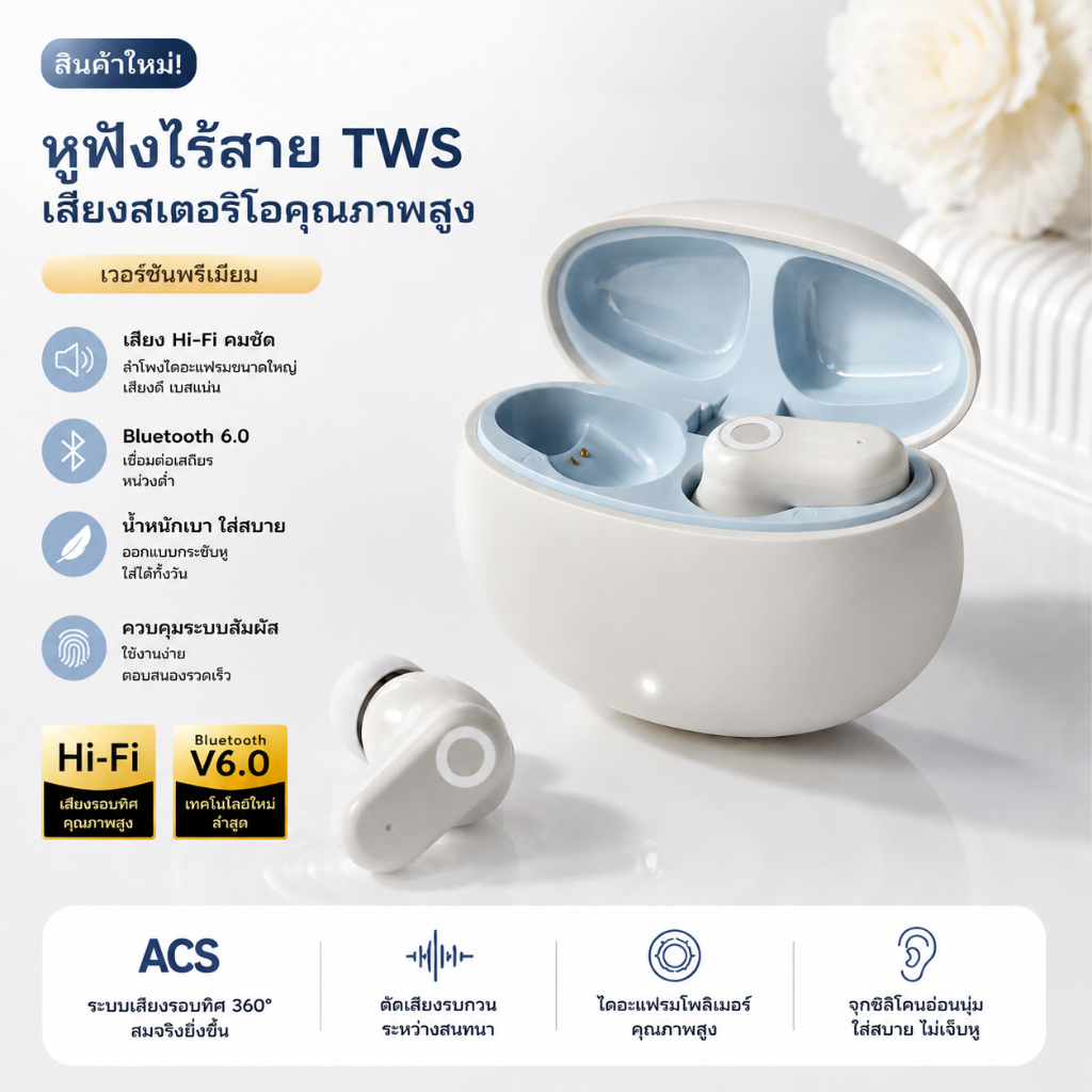 Neo หูฟังไร้สาย TWS Bluetooth 6.0 HiFi Stereo เสียงรอบทิศ 36