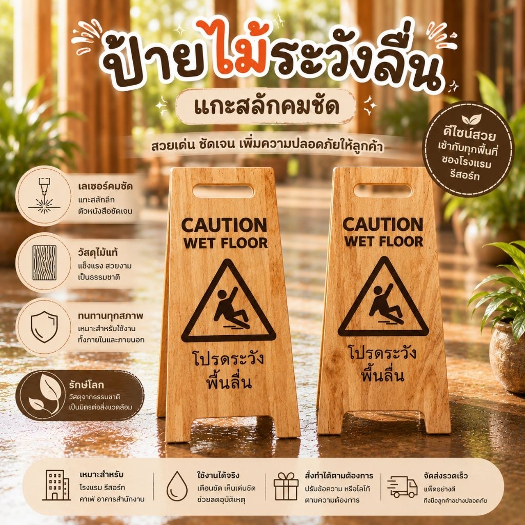 ป้ายเตือน ป้ายระวังลื่น ปป้ายกำลังทำงาน แบบตั้งฟื้นแบบไม้ สลักฟรี