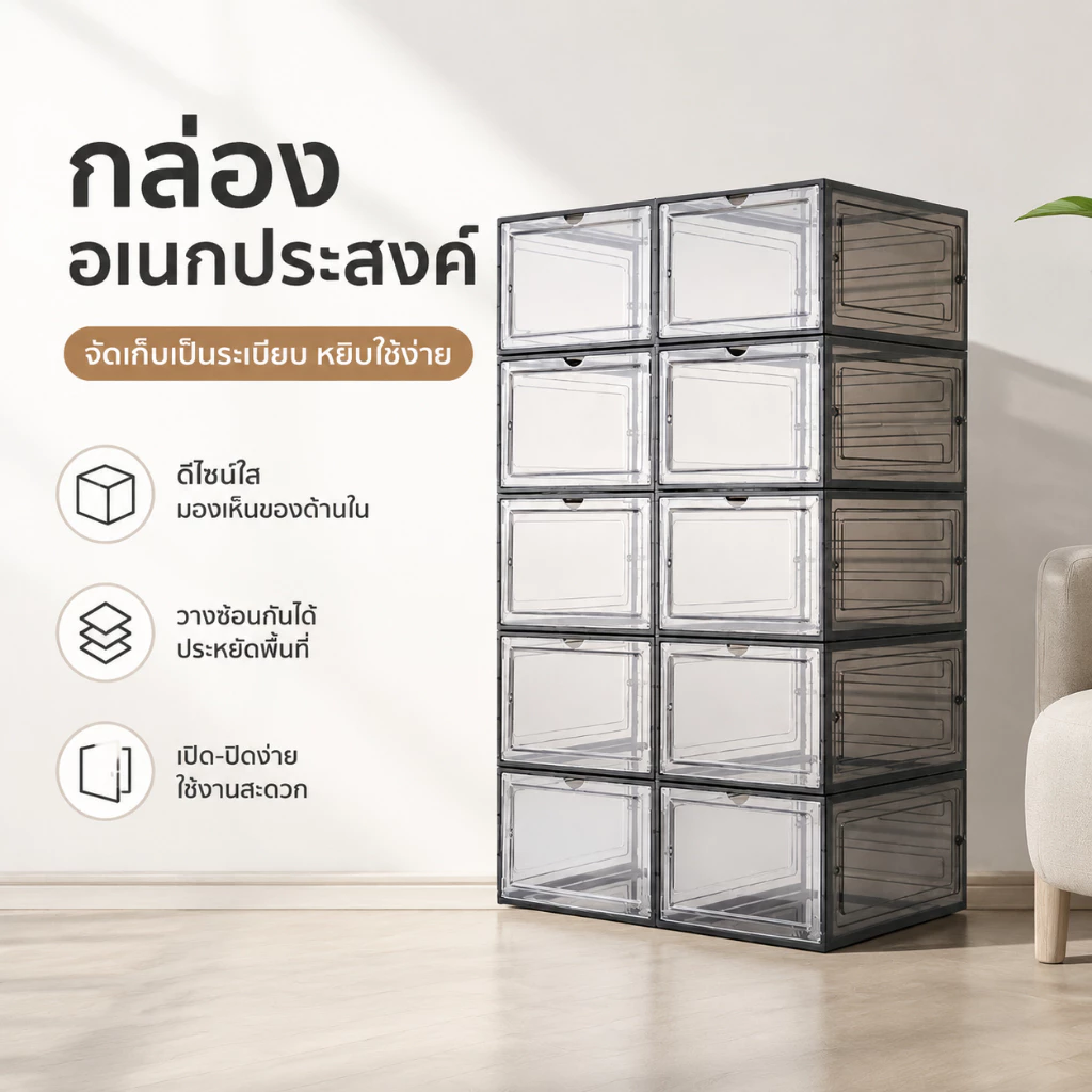 【ซื้อ 7 แถม 5】 กล่องรองเท้า พลาสติกแข็งอย่างดี แข็งแรง กล่องใส่รองเท้า กล่องเก็บรองเท้า สีดำ/สีขาว