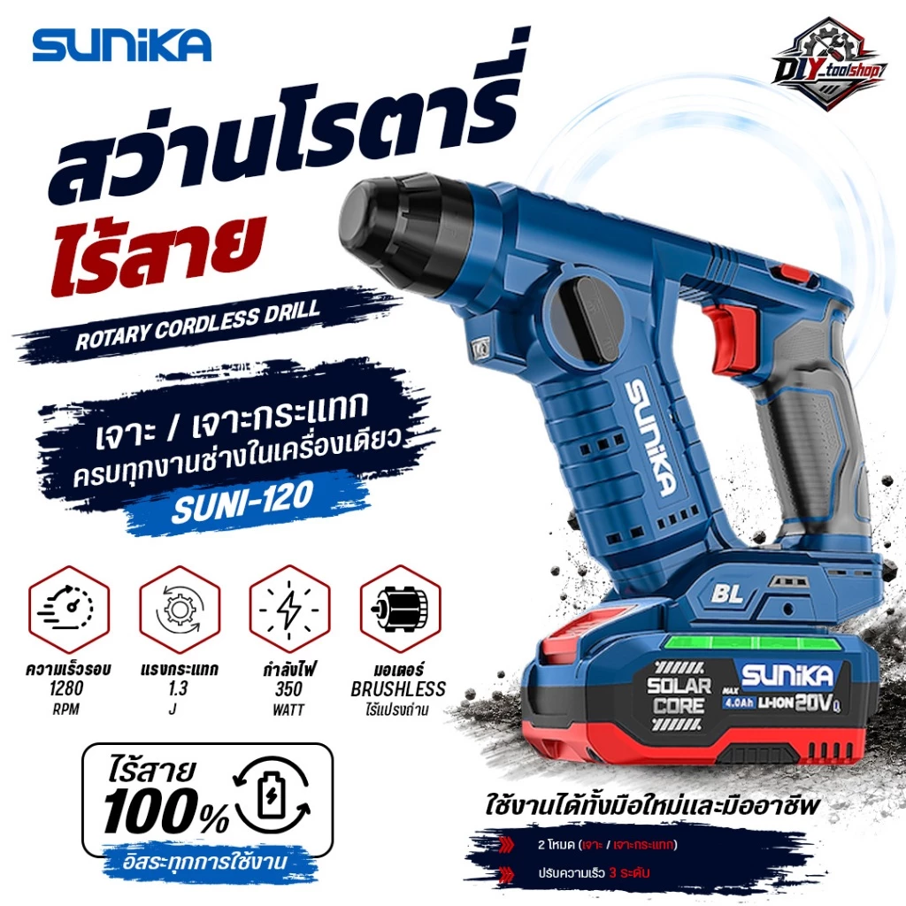 [SUNI-120] SUNIKA สว่านโรตารี่ไร้สาย 20V เจาะคอนกรีต อิฐ และปูน 1.3 J 3 ระดับ Brushless