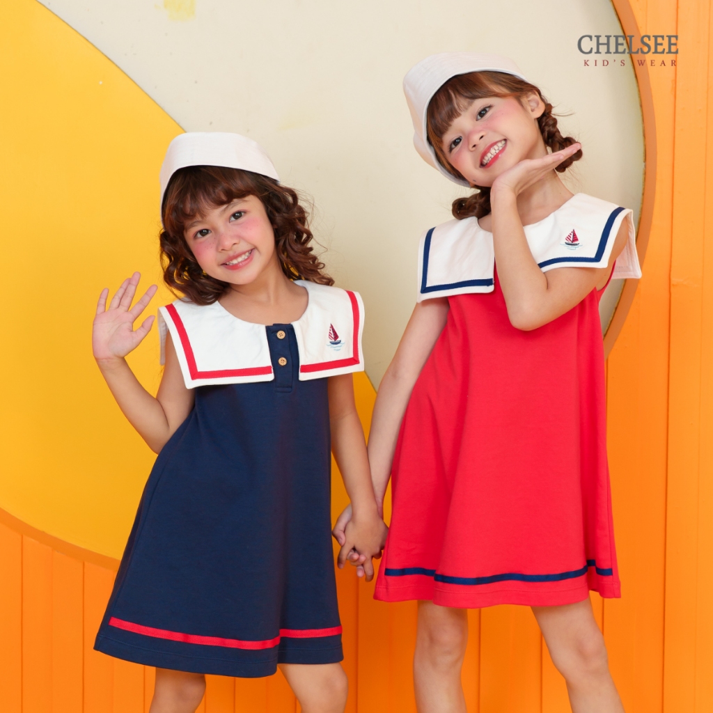 Chelsee ชุดเดรสกระโปรง ปกกะลาสี แขนกุด เรียบๆ ผ้า 100%Cotton เด็กผู้หญิง อายุ 1.5-10ปี เสื้อผ้าเด็กโต รุ่น 238261