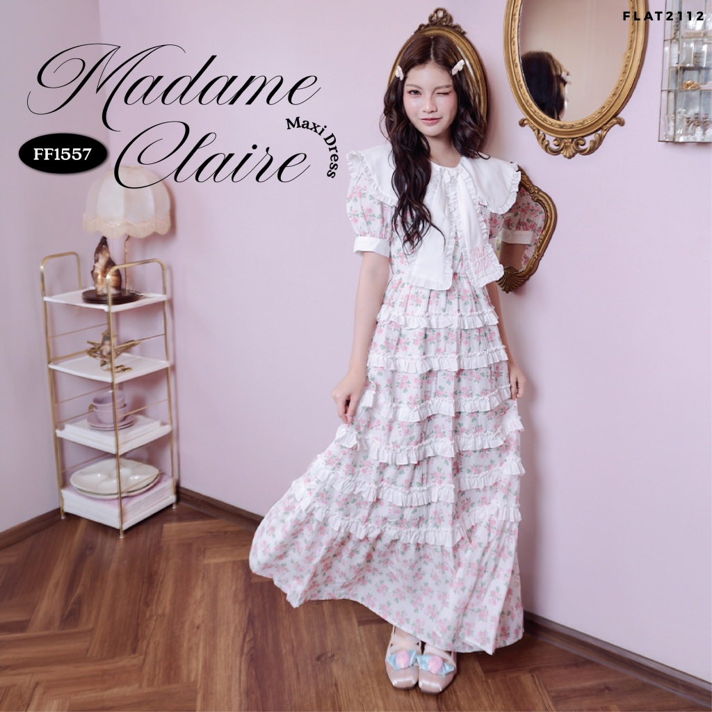 FLAT2112 : MADAME CLAIRE MAXI DRESS เดรสยาวลายดอกกุหลาบ คอปกใหญ่ แต่งระบายลูกไม้ สไตล์ลูกคุณ เดรสระบายหลายชั้น (FF1557)