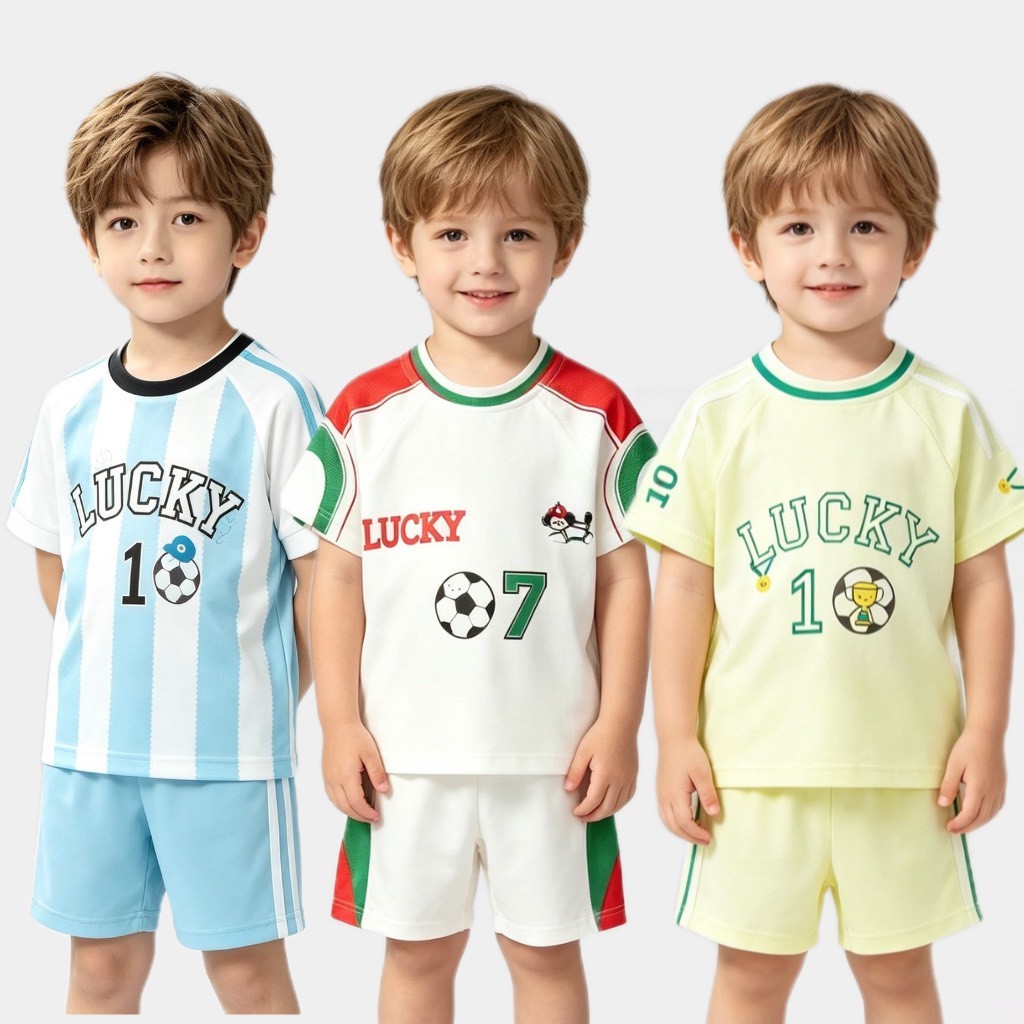 MC363 ชุดฟุตบอลเด็กผู้ชาย เสื้อสั้น+กางเกงขาสั้น ลายบอล ผ้านุ่มระบายอากาศ อายุ2-10ปี