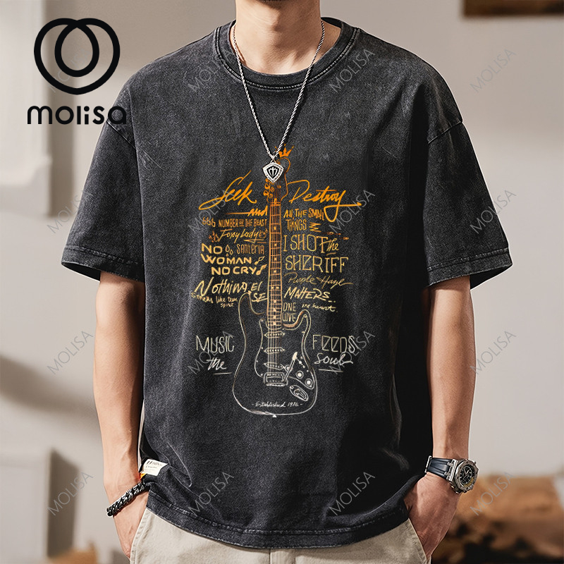 Molisa เสื้อยืดโอเวอร์ไซส์ Love Music oversize รัก กีตาร์ ผ้าฟอก เสื้อยืด คอกลม ผู้ชาย สีดำ ผ้า cotton 100% 68099#