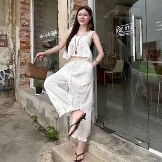 💰Mahahengcloset💰กางเกงขาจั๊มชายระบาย ตีเกล็ดหน้า ผ้าครัช เอวยางยืด ทรงสวย พรางหุ่น ใส่ได้ทุกไซส์