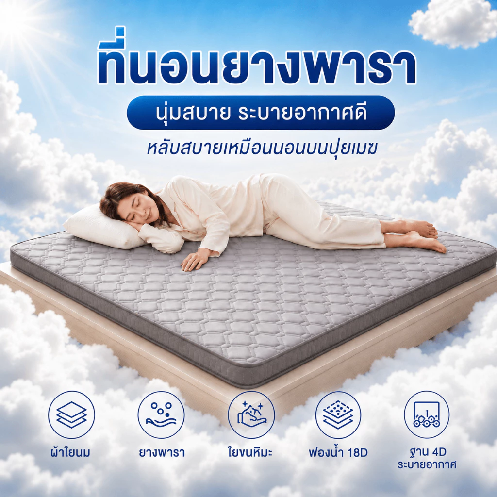 ที่นอนยางพาราแท้ 100% เพื่อสุขภาพ กระจายแรงกด ลดอาการปวดหลัง 3.5ฟุต 5ฟุต 6ฟุต ห้องนอน ห้องเช่า พร้อมส่ง