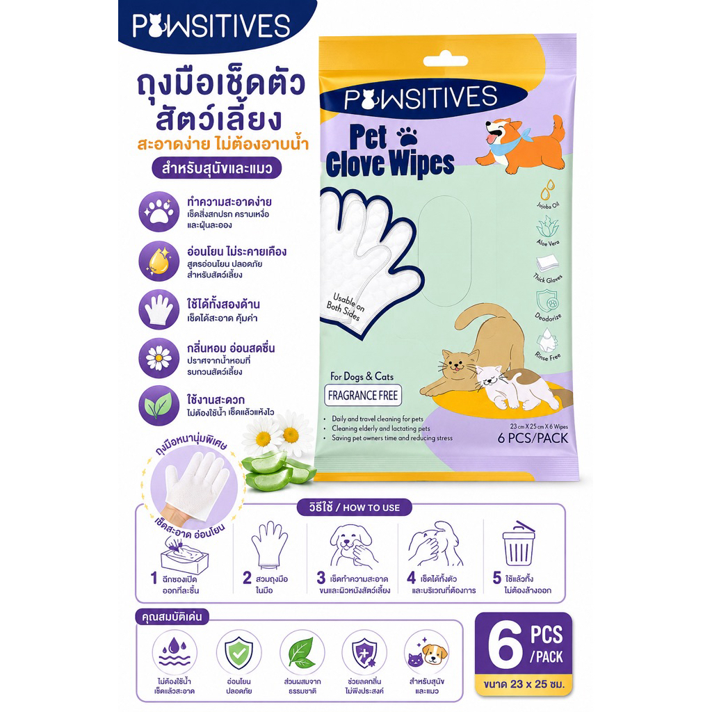 PAWSITIVES Pet Glove Wipes ถุงมือเช็ดทำความสะอาดสัตว์เลี้ยง สำหรับสุนัขและแมว สูตรโจโจ้บาออยล์ + ว่านหางจระเข้ 6 ชิ้น