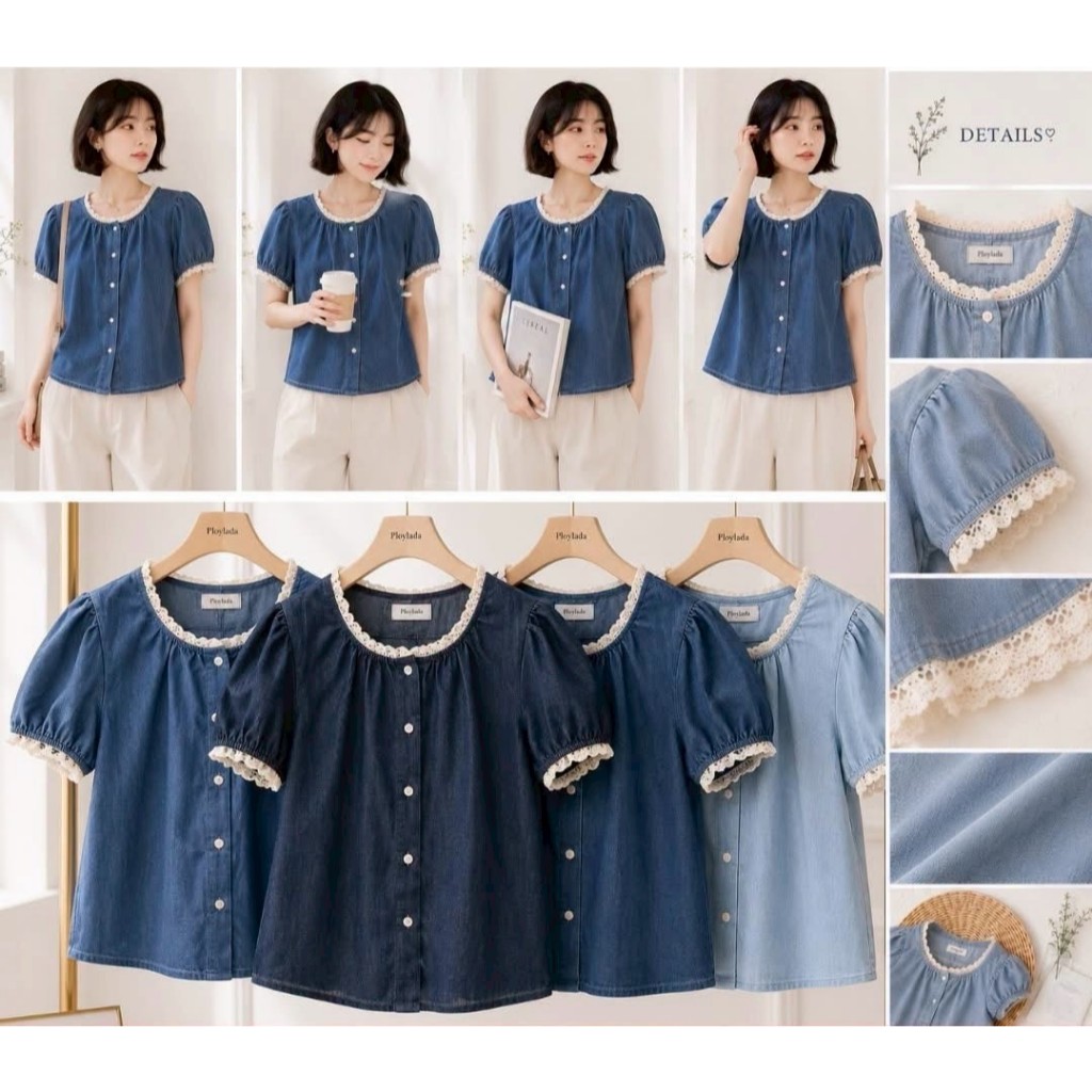 ป้าย Ploylada เสื้อผ้ายีนส์นิ่มแขนระบาย อก 38 นิ้ว ยาว 21 นิ้ว