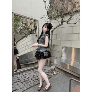 พร้อมส่ง ชุดเซท 2 ชิ้น MS MADE TOP เสื้อยีนส์ + กระโปรงกางเกงในตัว ชุดเดียวจบ