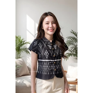 เสื้อผ้าฝ้ายพื้นเมือง คอจีนแต่งชายโค้ง ผ้าพิมพ์ลาย