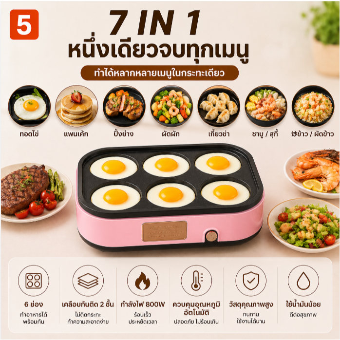 SKIERกระทะทอดไข่ 3in1 ไฟฟ้าขนาด rumahเล็ก 220V 900W รูปที่ 5