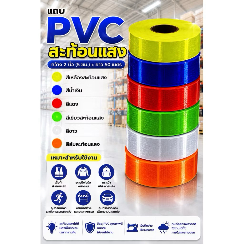 แถบสะท้อนแสง PVC มีหลายสีหลายขนาดให้เลือก