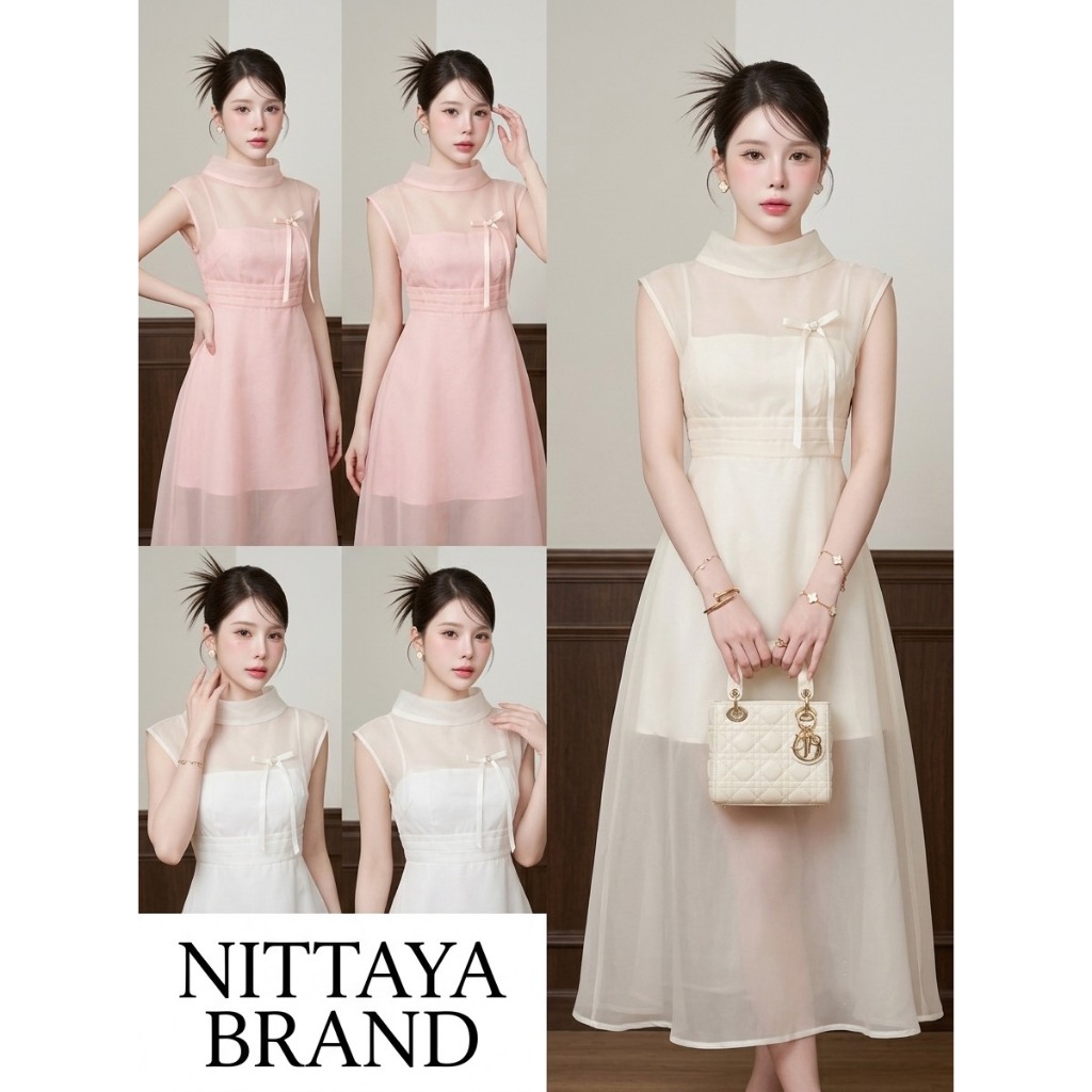 [NITTAYA] D2899 ชุดเดรสกระโปรงยาวสายผูกโบว์ดีเทลผ้าชีฟองซีทรูเดรสสายเดี่ยวด้านใน สวยหรูดูแพง ใส่ออกงาน ดินเนอร์ งานมงคล