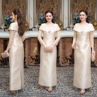 Sukunya 6446 : ชุดราตรียาวสไตล์ Portrait Gown ตัดเย็บจากผ้าไหมญี่ปุ่นเนื้อหนาคุณภาพดี เน้นความสง่างามแบบเรียบหรู