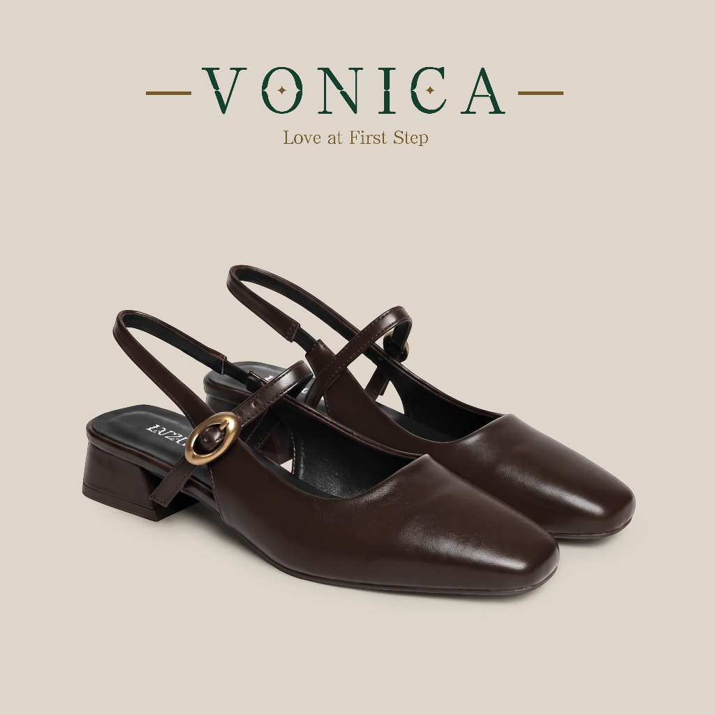 VONICA รองเท้าแมรี่เจนเปิดส้นสีน้ำตาล ส้นบล็อกต่ำ 1 นิ้ว หัวเหลี่ยม รองเท้าแตะผู้หญิงแฟชั่น