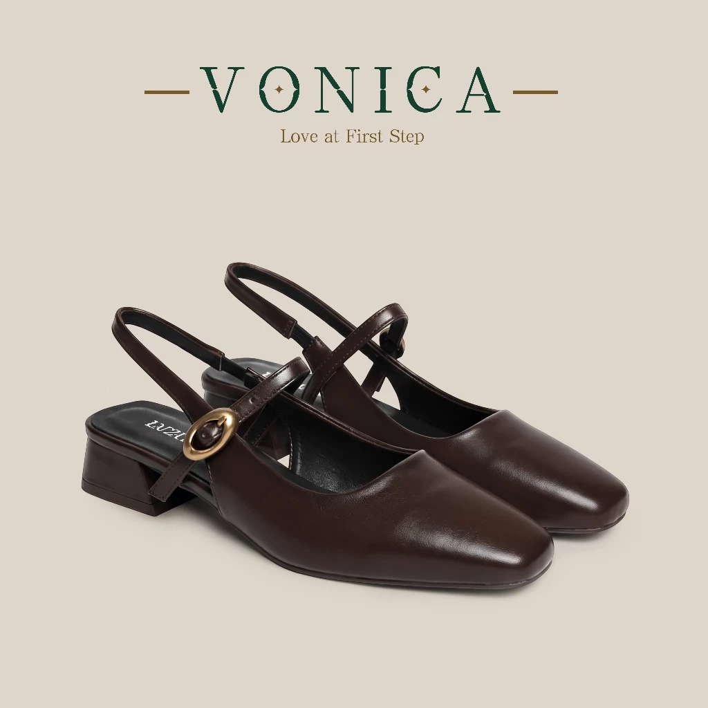 VONICA รองเท้าแมรี่เจนเปิดส้นสีน้ำตาล ส้นบล็อกต่ำ 1 นิ้ว หัวเหลี่ยม รองเท้าแตะผู้หญิงแฟชั่น