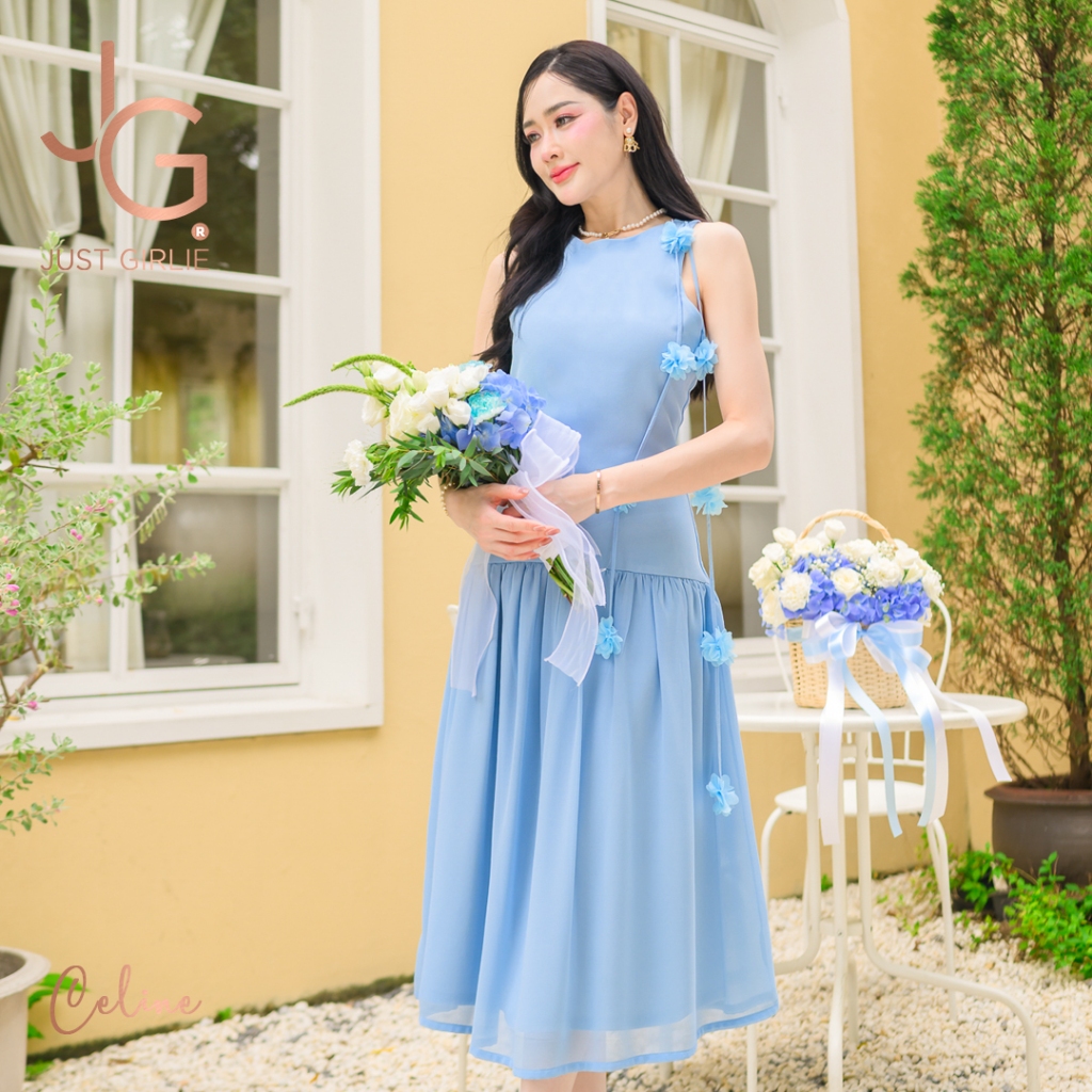 🔥Hot🔥 Dress Celina ชุดเดรสยาว ดีไซน์ดอกไม้ไหล่ ผ้าซีฟองแต่งผ้าซาติน สวยเรียบหรู ไว้ใส่เที่ยว ใส่ออกงาน พร้อมส่ง S M L