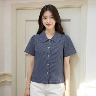 Glucoat | [A860] เสื้อยีนส์แขนสั้นคอปกลายทาง กระเป๋าข้างสองด้าน กระดุมหน้าใช้งานได้จริง
