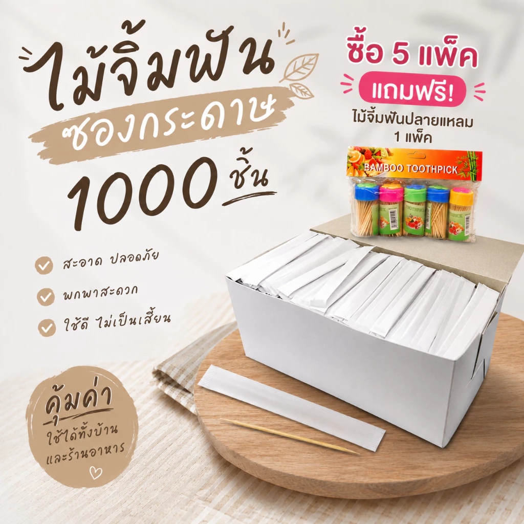 ไม้จิ้มฟัน ไม้จิ้มฟันแบบเติม ซองกระดาษจำนวน 1000 ชิ้น