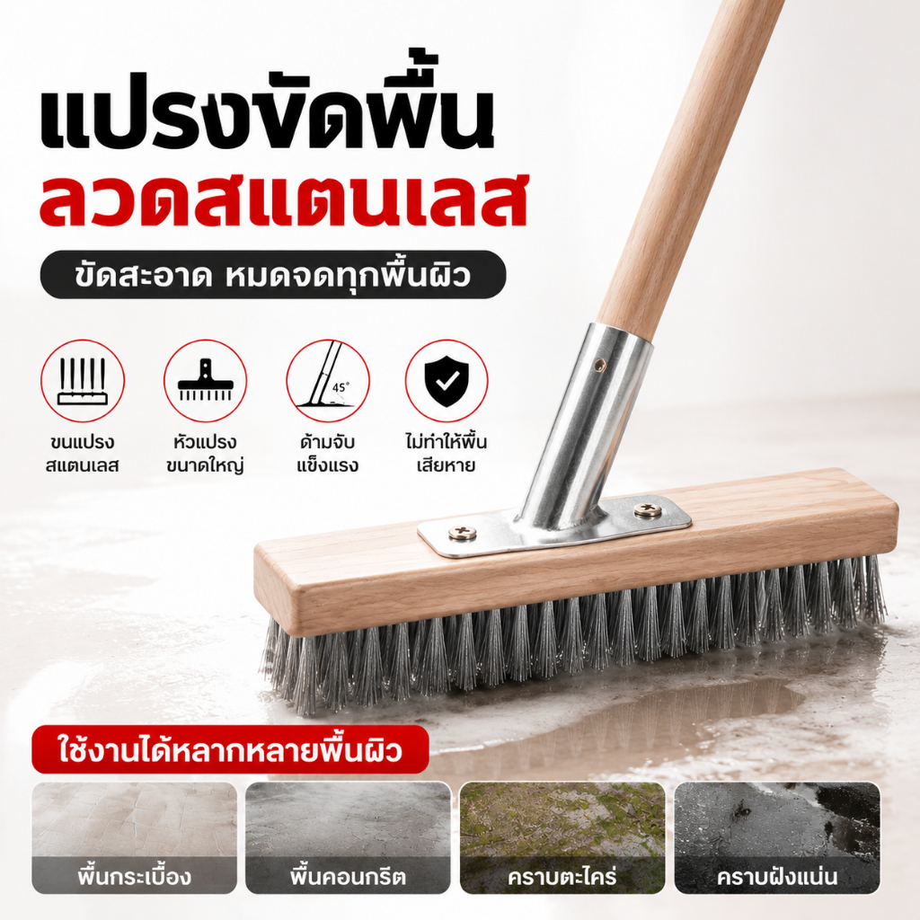 แปรงขัดพื้นสแตนเลส 304 ทนทาน ไม่เป็นสนิม ด้ามจับยาว 115 ซม.