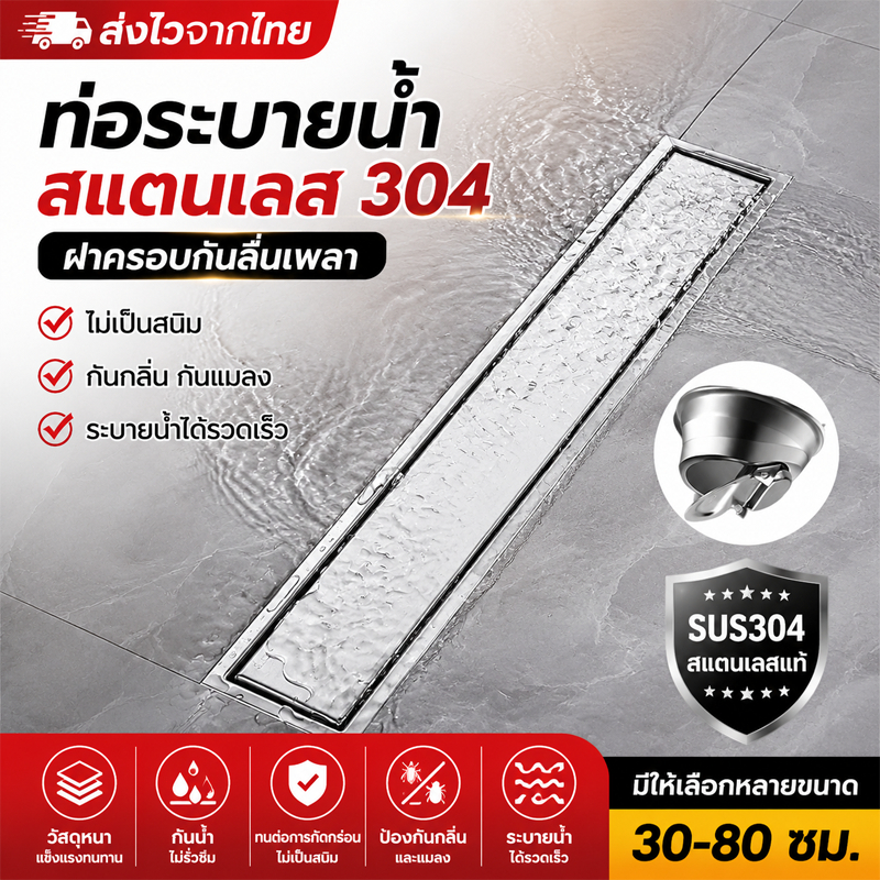พร้อมส่ง SUS304 ไม่ขึ้นสนิม 30-80cm ตะแกรงน้ำทิ้งยาว ตะแกรงท่อระบายน้ํา สามารถฝังกระเบื้อง ป้องกันแมลง กันกลิ่นท่อระบายน