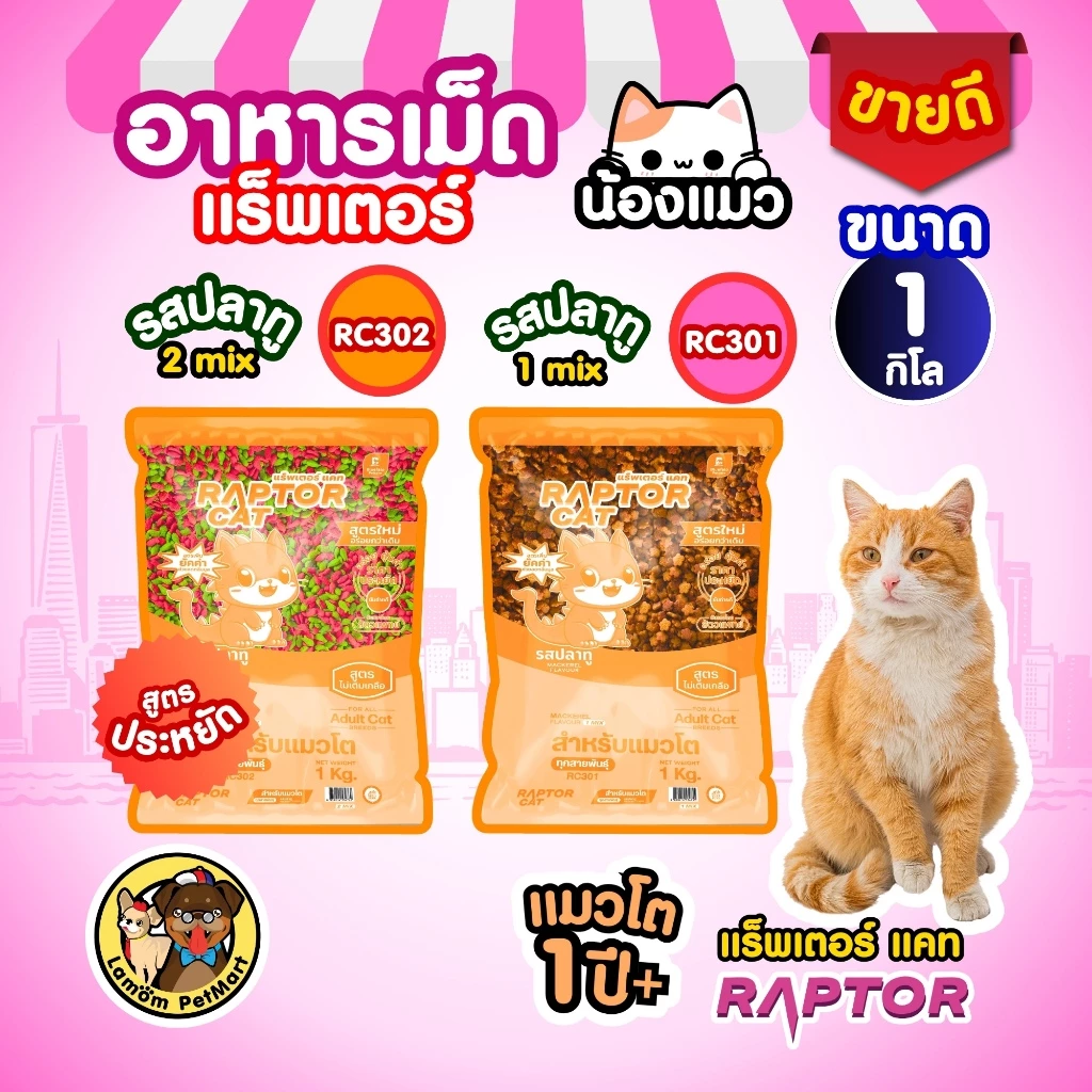 (1 KG.) อาหารแมว RAPTOR CAT รสปลาทู 1MIX - 2MIX (RC301,RC302) ไม่เติมเกลือ ลดกลิ่นมูล โปรตีน26%