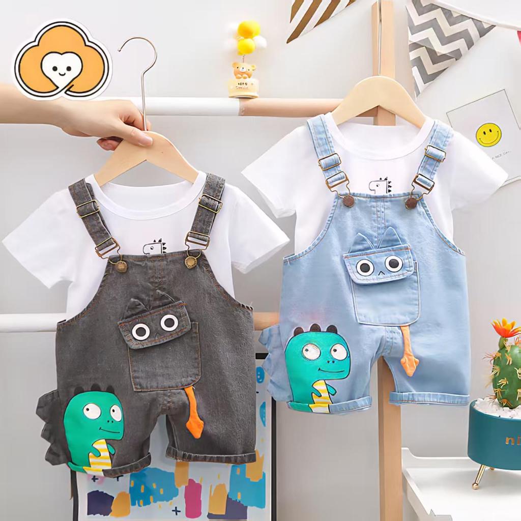 [Cotton Life]ชุดเสื้อยืด+กางเกงเอี๊ยมเด็ก ลายไดโนเสาร์น่ารัก ผ้าฝ้ายนุ่ม สำหรับเด็ก 0-4 ปี