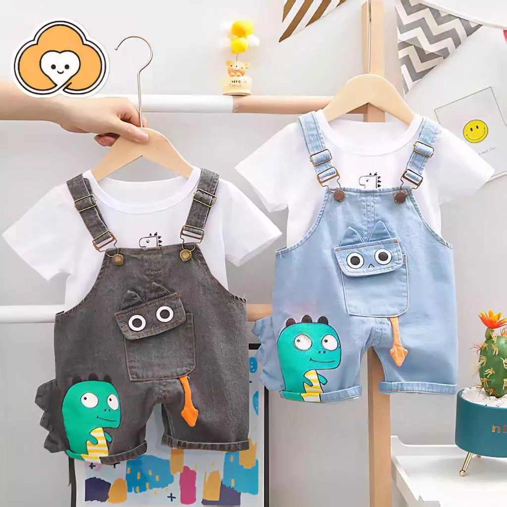 [Cotton Life]ชุดเสื้อยืด+กางเกงเอี๊ยมเด็ก ลายไดโนเสาร์น่ารัก ผ้าฝ้ายนุ่ม สำหรับเด็ก 0-4 ปี