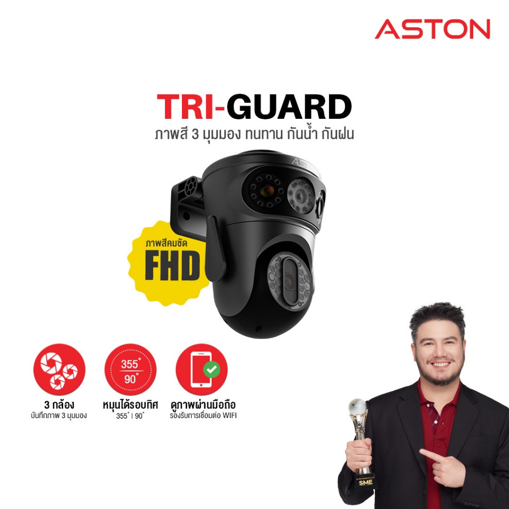 [3กล้องในตัวเดียว] กล้องวงจรปิด บันทึก 3 กล้อง Aston Tri-Guard ความชัด FHD ทุกกล้อง ไม่ลดความชัด รับประกัน 1 ปี