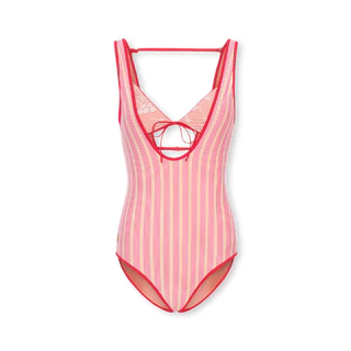 Ocean Mood | ชุดว่ายน้ำวันพีช 2 ชิ้น สีชมพูลายทาง แต่งลูกไม้ สไตล์วินเทจ Vintage Pink Striped Swimwear