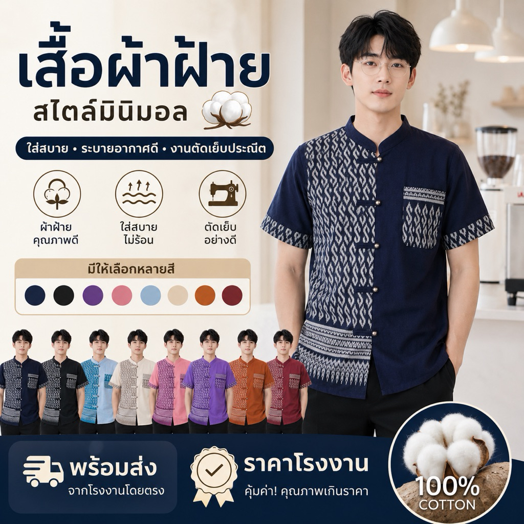 เสื้อลายขอพระราชทานผู้ชาย ทูโทน คอจีน เสื้อผ้าฝ้าย ฝ้าย ทรงสวย ใส่สบาย