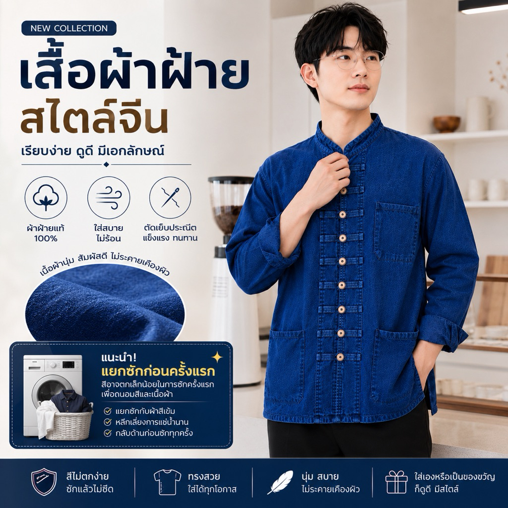 เสื้อหม้อฮ้อม แขนยาว คอจีน ผู้ชาย แต่งกระดุมไม้ เนื้อผ้า ฟอกหิมะนุ่ม มีกระเป๋าเสื้อ - เสื้อผ้า