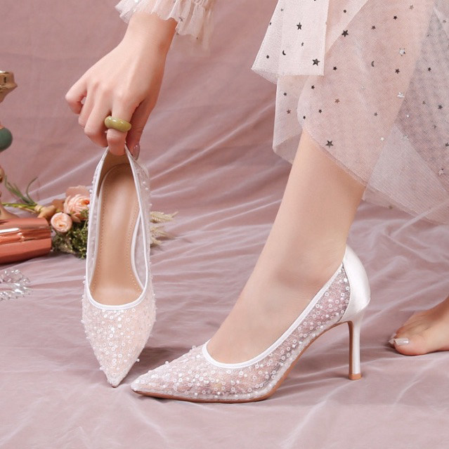 JKN Shoes 8631-52-1 รองเท้าเจ้าสาว ผ้าซีทรูแต่งลูกปัด สูง8cm