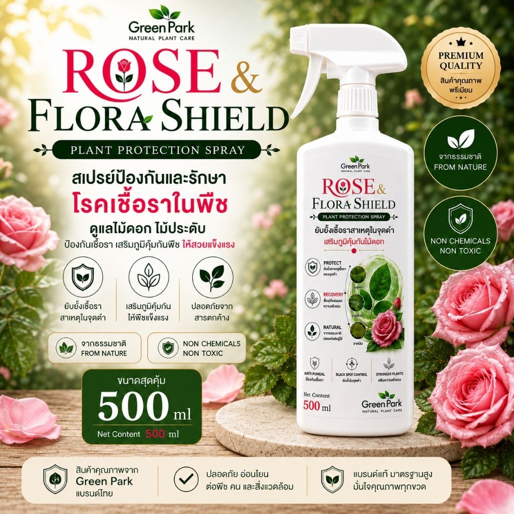 สเปรย์ป้องกัน รักษาโรคเชื้อราในพืช ROSE & FLORA SHIELD ใบจุด ราน้ำค้าง ราสนิม กุหลาบ ดอกไม้ ไม้ประดับ Green park 500ml