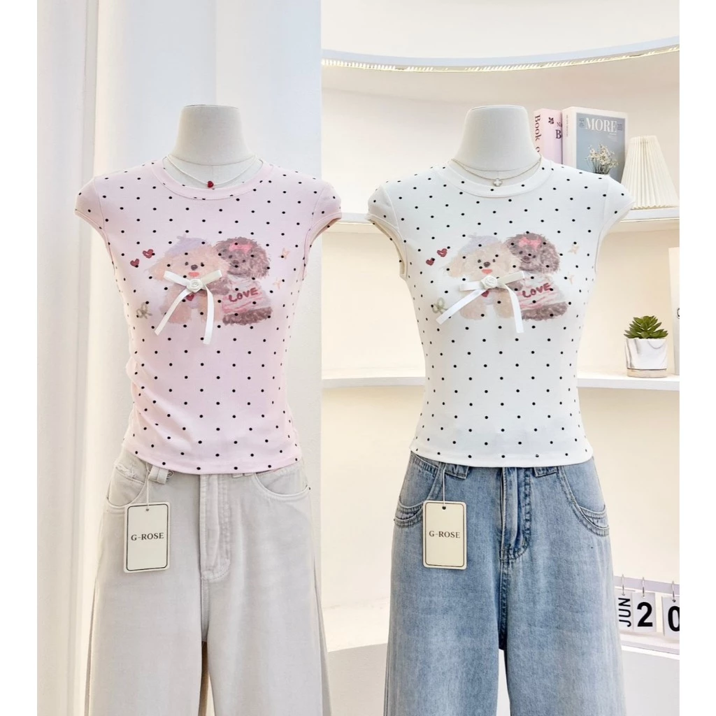 3 สี - เสื้อครอปคอกลมแขนเต่อ ลายจุด พิมพ์ลายน่ารักแต่งโบว์ที่อก งานน่ารัก ผ้านิ่ม เกาหลีสุดๆ G-rose (G034)