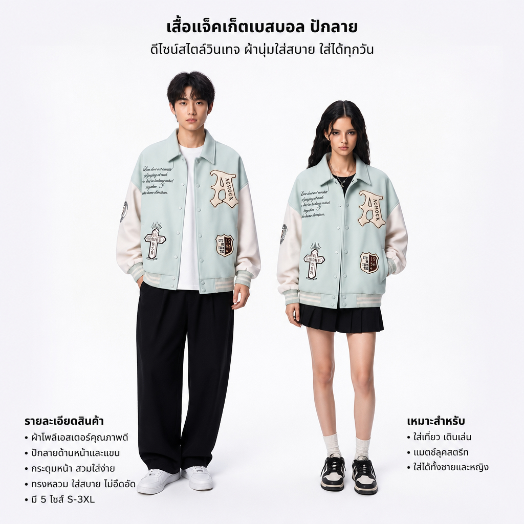 🌞U.mi🌞 ชุดเบสบอล ตล์ยุโรปและอเมริกา แจ็คเก็ตปักแบบหลวม ผู้ชายอินเทรนด์ แจ็คเก็ตปั ย้อนยุค เสริมบุคลิก M-3XL