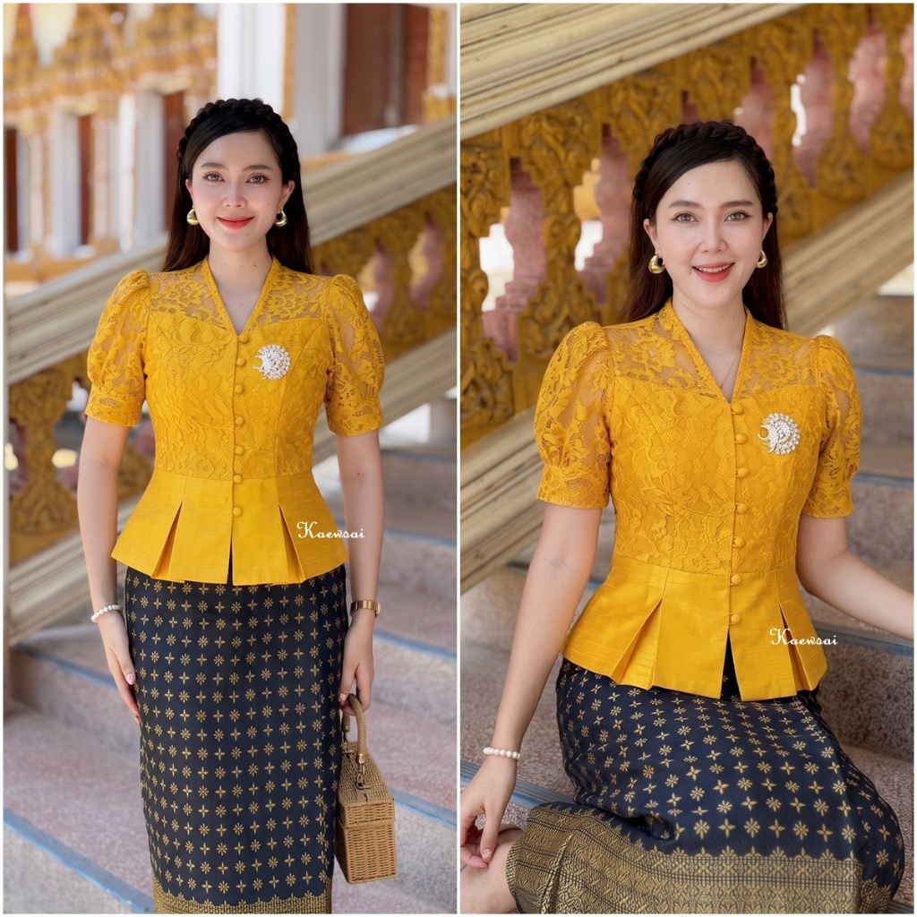 เสื้อรุ่น-รสสุคนธ์ ผ้าไหมสีเส้นแต่งลูกไม้ เรียบหรู ดูสง่า ใส่แล้วเป๊ะมีไซส์เล็กและสาวอวบค่ะ