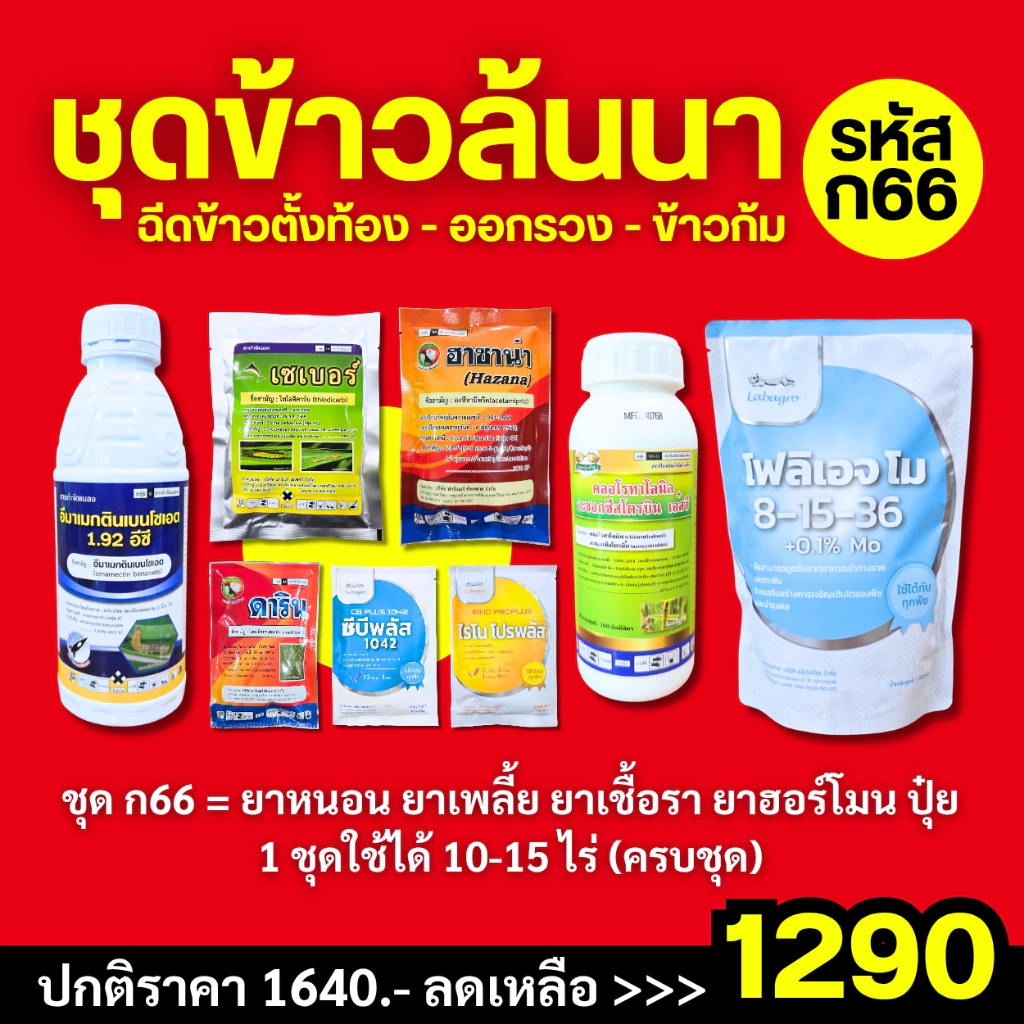 (ก66) ชุดข้าวล้นนา : ยาฉีดช่วงข้าวตั้งท้อง และออกรวง : 1 ชุดฉีดได้ 10 ไร่