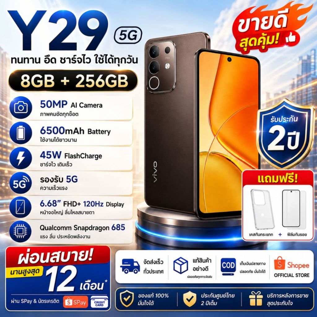 ใหม่เอี่ยม Y29 5G 8+256GB แบต 6500mAh กล้อง 50MP จอ 120Hz RAM การทำงานราบรื่น