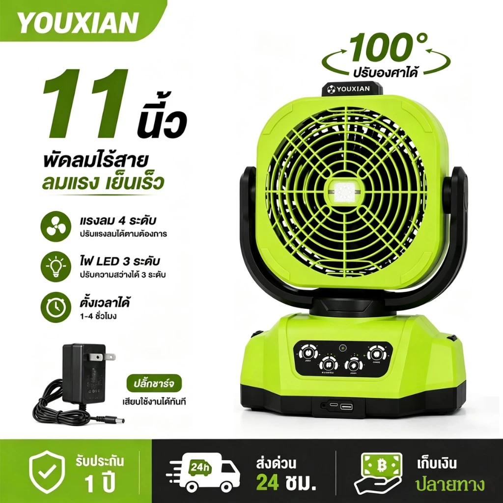 พัดลมไร้สาย YOUXIAN 11 นิ้ว พัดลมแบตเตอรี่ Makita ลมแรง 4 ระดับ ไฟ LED พัดลมพกพา สำหรับแคมป์ปิ้งและกลางแจ้ง